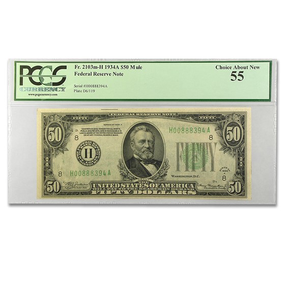 1934-A (H-St. Louis) $50 FRN MULE Abt New 55 PCGS 1934-A (H-St. Louis) $50 FRN MULE Abt New 55 PCGS