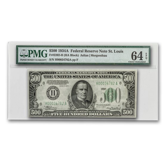 1934-A (H-St. Louis) $500 FRN Ch Unc-64 EPQ PMG 1934-A (H-St. Louis) $500 FRN Ch Unc-64 EPQ PMG