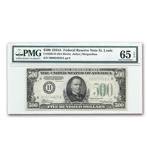 1934-A (H-St. Louis) $500 FRN Gem Unc-65 EPQ PMG 1934-A (H-St. Louis) $500 FRN Gem Unc-65 EPQ PMG