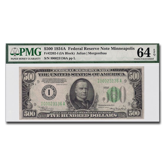 1934-A (I-Minneapolis) $500 FRN CU-64 EPQ PMG 1934-A (I-Minneapolis) $500 FRN CU-64 EPQ PMG