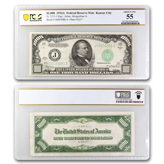 1934-A (J-Kansas City) $1,000 FRN AU-55 PCGS (Fr#2212-J) 1934-A (J-Kansas City) $1,000 FRN AU-55 PCGS (Fr#2212-J)