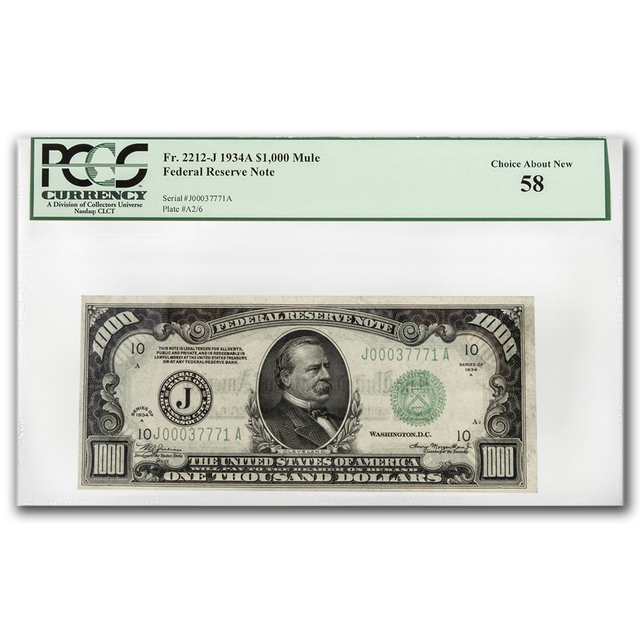 1934-A (J-Kansas City) $1,000 FRN AU-58 PCGS (Fr#2212-J) Mule