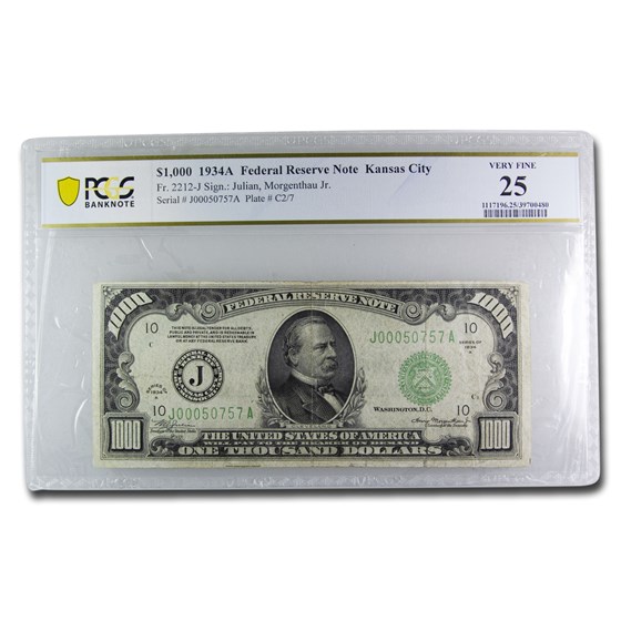 1934-A (J-Kansas City) $1,000 FRN VF-25 PCGS 1934-A (J-Kansas City) $1,000 FRN VF-25 PCGS