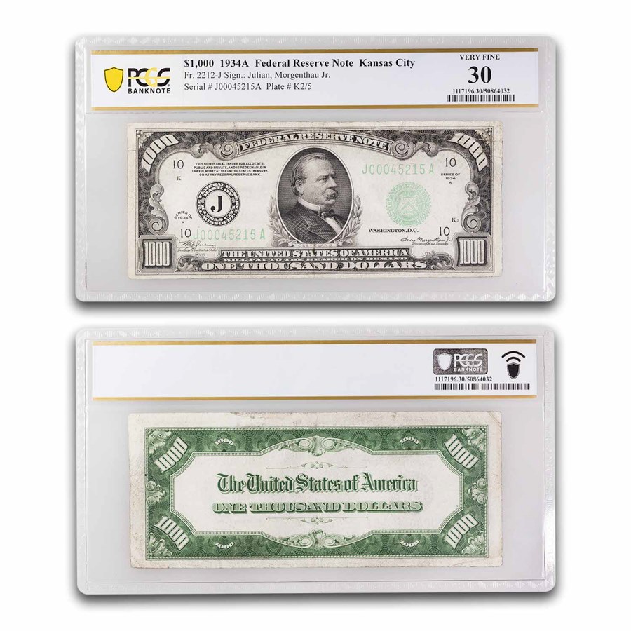 1934-A (J-Kansas City) $1,000 FRN VF-30 PCGS (Fr#2212-J)