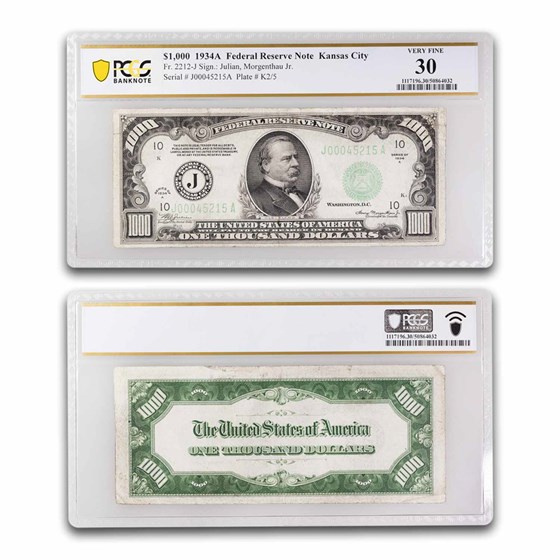 1934-A (J-Kansas City) $1,000 FRN VF-30 PCGS (Fr#2212-J) 1934-A (J-Kansas City) $1,000 FRN VF-30 PCGS (Fr#2212-J)