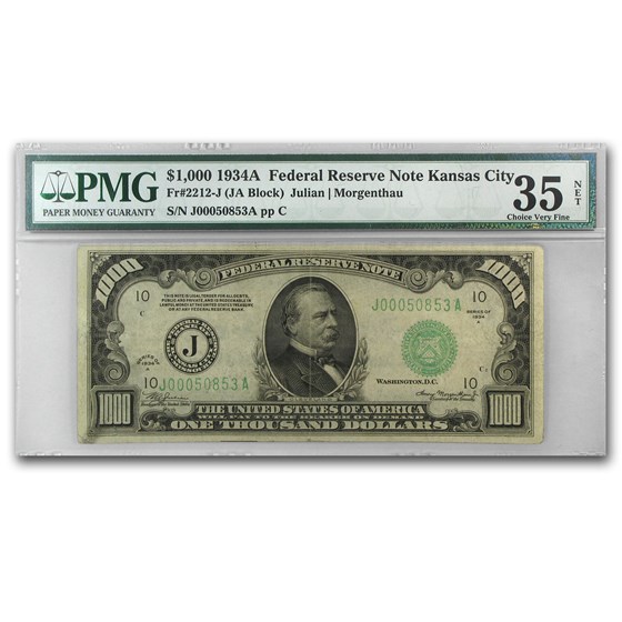 1934-A (J-Kansas City) $1,000 FRN VF-35 Net PMG 1934-A (J-Kansas City) $1,000 FRN VF-35 Net PMG