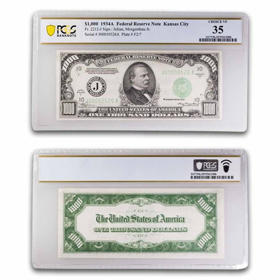 1934-A (J-Kansas City) $1,000 FRN VF-35 PCGS (Fr#2212-J) 1934-A (J-Kansas City) $1,000 FRN VF-35 PCGS (Fr#2212-J)