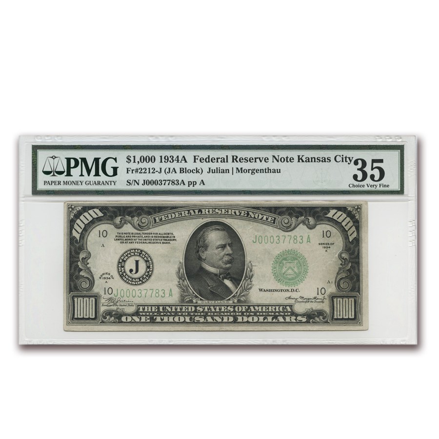 1934-A (J-Kansas City) $1,000 FRN VF-35 PMG (Fr#2212-J)