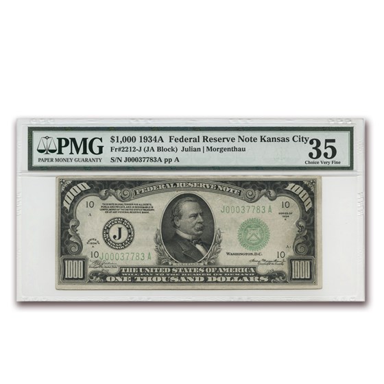 1934-A (J-Kansas City) $1,000 FRN VF-35 PMG (Fr#2212-J) 1934-A (J-Kansas City) $1,000 FRN VF-35 PMG (Fr#2212-J)