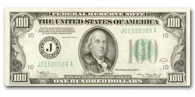 1934-A (J-Kansas City) $100 FRN AU (Fr#2153-J) Mule 1934-A (J-Kansas City) $100 FRN AU (Fr#2153-J) Mule