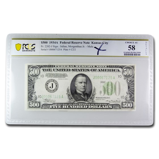 1934-A (J-Kansas City) $500 FRN CU (Mule, Details) 1934-A (J-Kansas City) $500 FRN CU (Mule, Details)