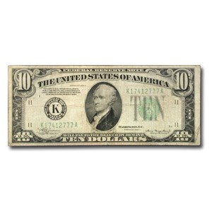 1934-A (K-Dallas) $10 FRN VG (Dark Green Seal) 1934-A (K-Dallas) $10 FRN VG (Dark Green Seal)