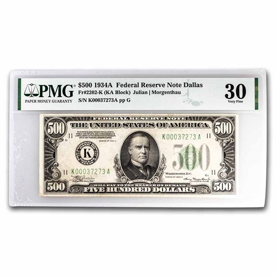 1934-A (K-Dallas) $500 FRN VF-30 PMG (Fr#2202-K)Minor Repair 1934-A (K-Dallas) $500 FRN VF-30 PMG (Fr#2202-K)Minor Repair