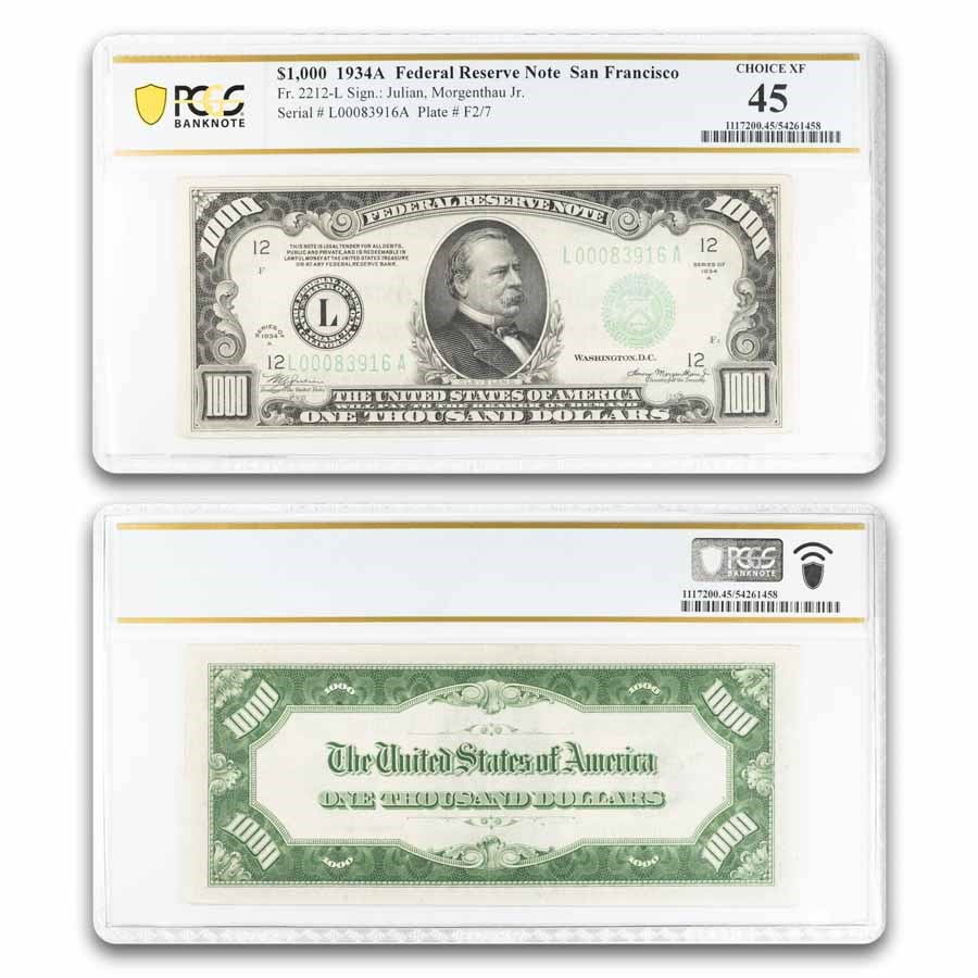 1934-A (L-San Francisco) $1,000 FRN Ch XF-45 PCGS (Fr#2212-L)