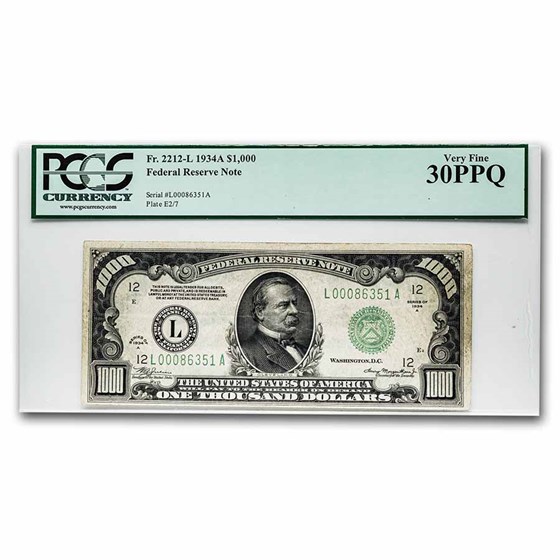 1934-A (L-San Francisco) $1,000 FRN VF-30 PPQ PCGS (Fr#2212-L) 1934-A (L-San Francisco) $1,000 FRN VF-30 PPQ PCGS (Fr#2212-L)