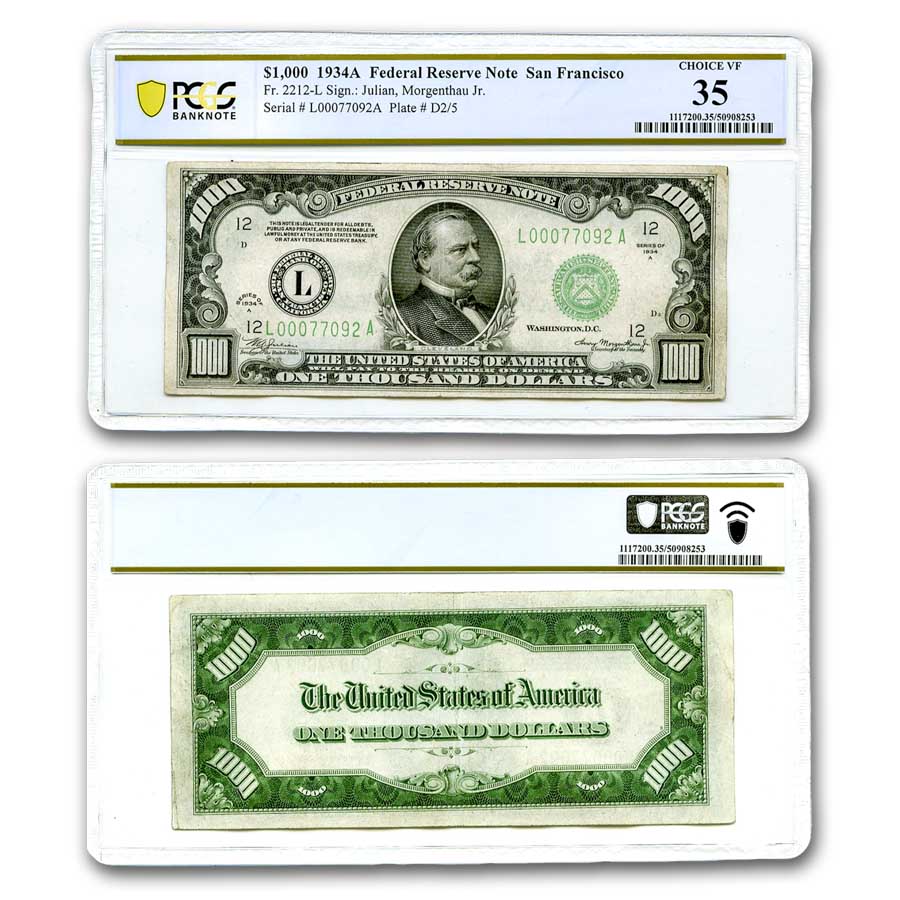 Aページ Buy 1934-A (L-SF) $1,000 Federal Reserve Note VF-35 PCGS | APMEX
