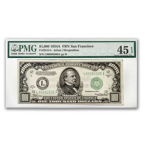 1934-A (L-San Francisco) $1,000 FRN XF-45 EPQ PMG 1934-A (L-San Francisco) $1,000 FRN XF-45 EPQ PMG