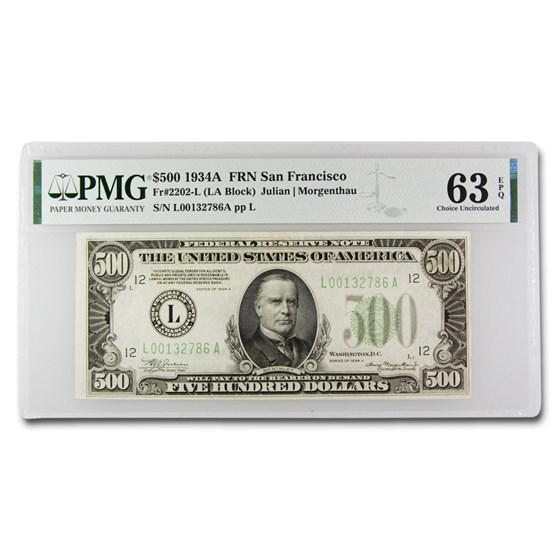 1934-A (L-San Francisco) $500 FRN CU-63 EPQ PMG 1934-A (L-San Francisco) $500 FRN CU-63 EPQ PMG