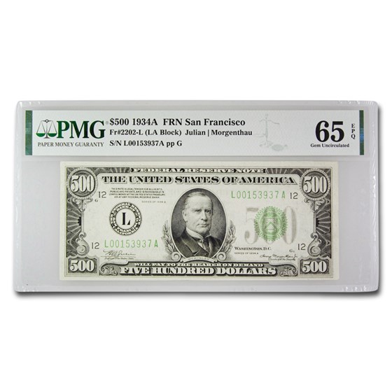 1934-A (L-San Francisco) $500 FRN CU-65 EPQ PMG 1934-A (L-San Francisco) $500 FRN CU-65 EPQ PMG