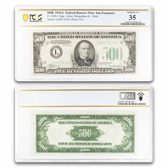 1934-A (L-San Francisco) $500 FRN VF-35 PCGS (Fr#2202-L) Mule