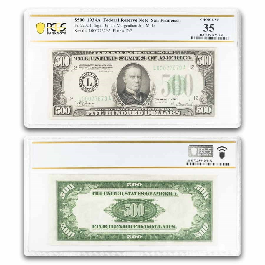 1934-A (L-San Francisco) $500 FRN VF-35 PCGS (Fr#2202-L) Mule