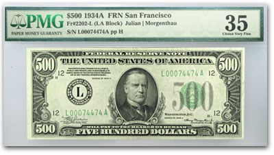 1934-A (L-San Francisco) $500 FRN VF-35 PMG 1934-A (L-San Francisco) $500 FRN VF-35 PMG