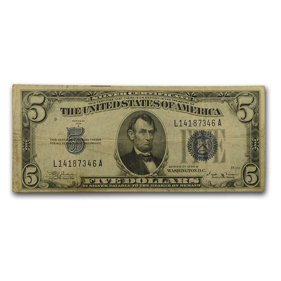 1934-B $5.00 Silver Certificate Fine 1934-B $5.00 Silver Certificate Fine