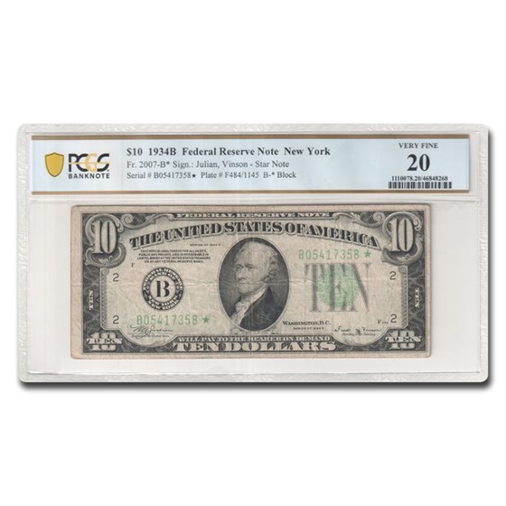 1934-B* (B-New York) $10 FRN VF-20 PCGS (Fr#2007-B*) Star Note 1934-B* (B-New York) $10 FRN VF-20 PCGS (Fr#2007-B*) Star Note