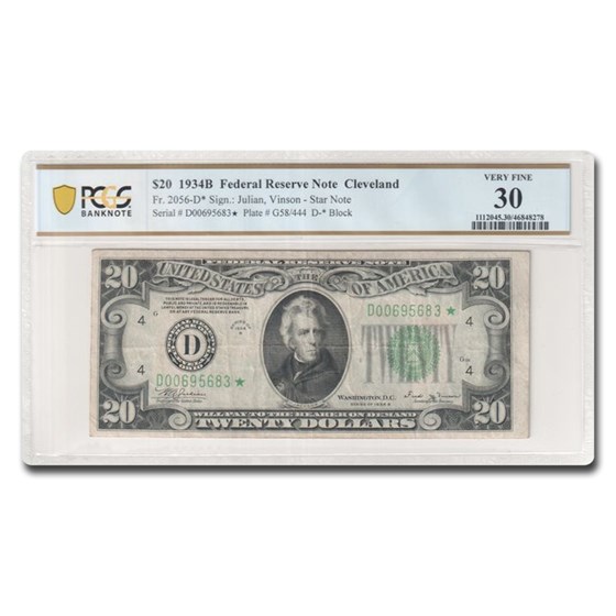 1934-B* (D-Cleveland) $20 FRN VF-30 PCGS (Fr#2056-D*) 1934-B* (D-Cleveland) $20 FRN VF-30 PCGS (Fr#2056-D*)