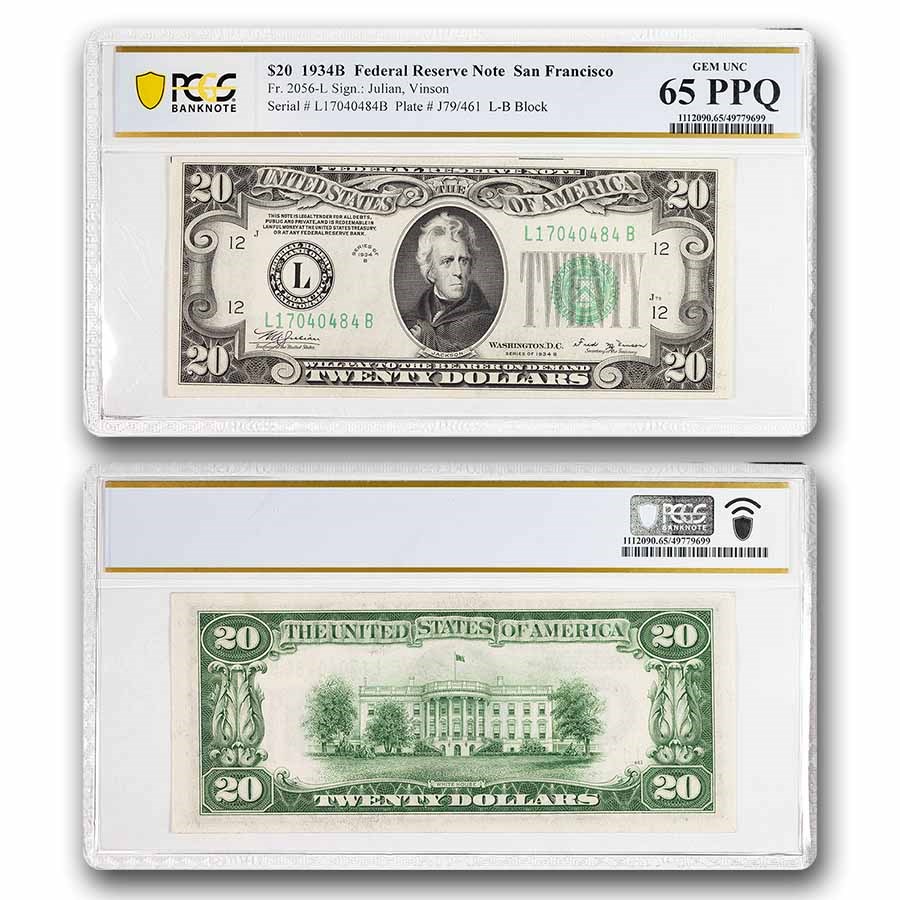 1934-B (L-San Francisco) $20 FRN CU-65 PPQ PCGS (Fr#2056-L)