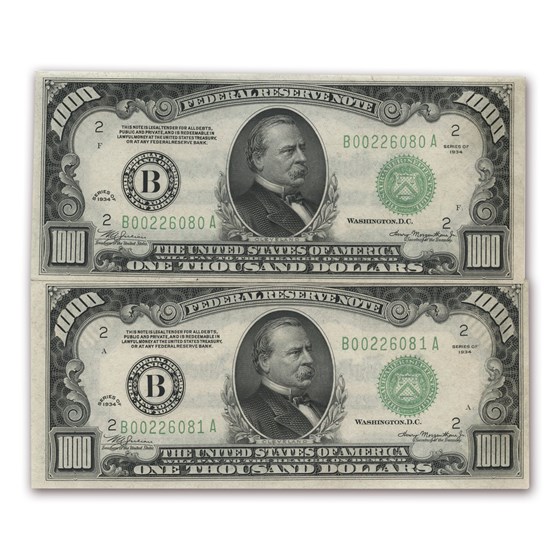 1934 (B-New York) $1,000 FRN CU (2 Consecutive Notes) 1934 (B-New York) $1,000 FRN CU (2 Consecutive Notes)