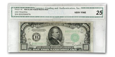 1934 (B-New York) $1,000 FRN VF-25 CGA 1934 (B-New York) $1,000 FRN VF-25 CGA