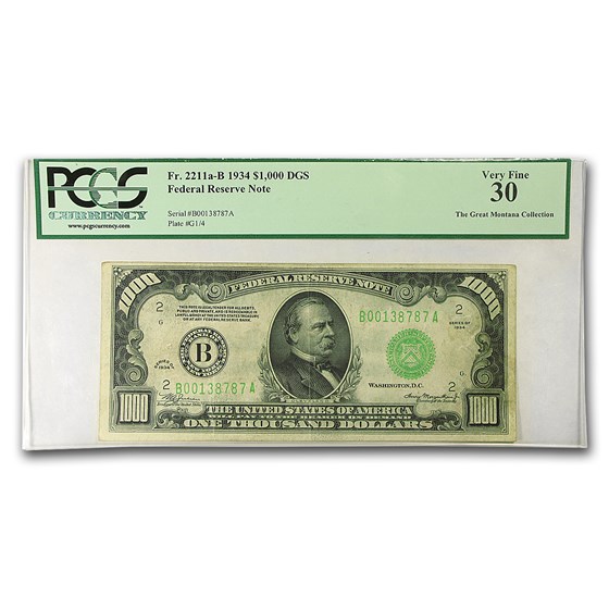 1934 (B-New York) $1,000 FRN VF-30 PCGS (Fr#2211-B) 1934 (B-New York) $1,000 FRN VF-30 PCGS (Fr#2211-B)