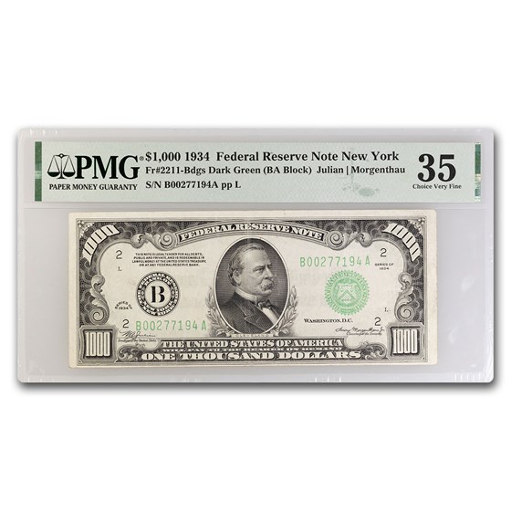1934 (B-New York) $1,000 FRN VF-35 PMG (Fr#2211-B) 1934 (B-New York) $1,000 FRN VF-35 PMG (Fr#2211-B)