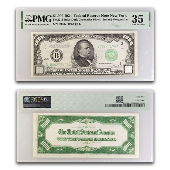 1934 (B-New York) $1,000 FRN VF-35 PMG (Fr#2211-B) 1934 (B-New York) $1,000 FRN VF-35 PMG (Fr#2211-B)