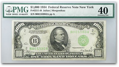 1934 (B-New York) $1,000 FRN XF-40 PMG 1934 (B-New York) $1,000 FRN XF-40 PMG