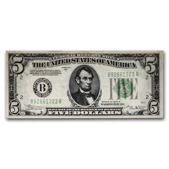1934 (B-New York) $5.00 FRN CU (Fr#1955-B) 1934 (B-New York) $5.00 FRN CU (Fr#1955-B)