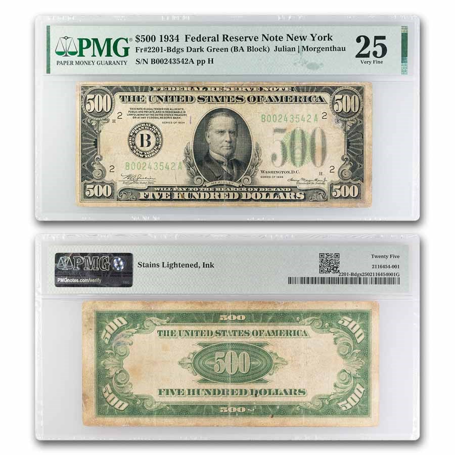 1934 (B-New York) $500 FRN VF-25 PMG (Fr#2201-B) Net