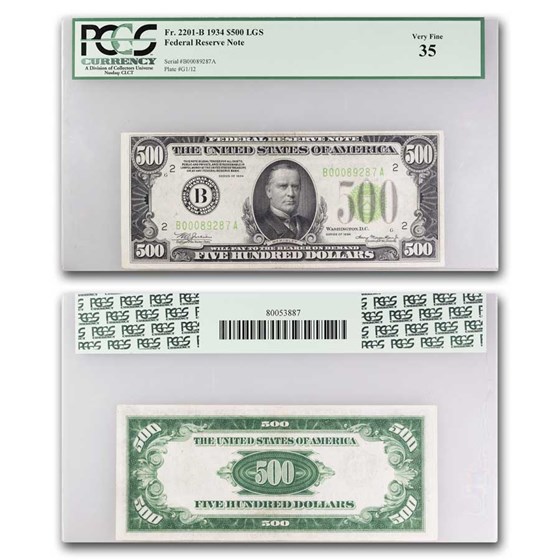 1934 (B-New York) $500 FRN VF-35 PCGS (Fr#2201-B) LGS 1934 (B-New York) $500 FRN VF-35 PCGS (Fr#2201-B) LGS