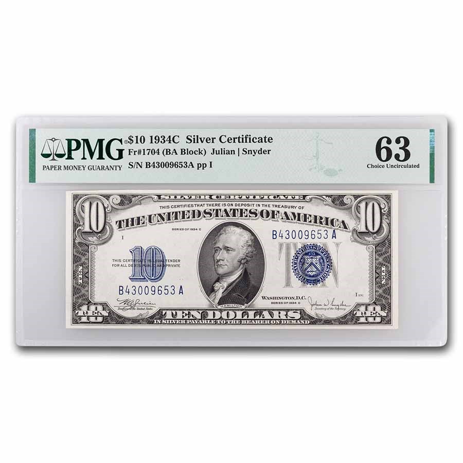 Buy 1934 C $10 Silver Certificate CU 63 PMG (Fr#1704) APMEX Buy 1934 C $10 Silver Certificate CU 63 PMG (Fr#1704) APMEX