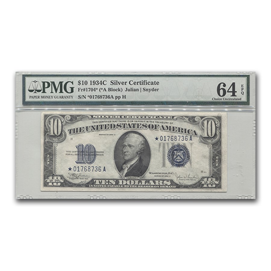 Buy 1934 C* $10 Silver Certificate CU 64 EPQ PMG (Star Note) APMEX Buy 1934 C* $10 Silver Certificate CU 64 EPQ PMG (Star Note) APMEX
