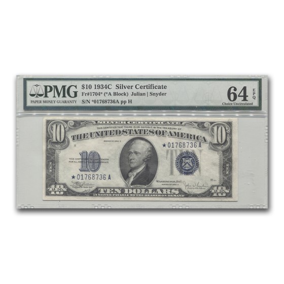 1934-C* $10 Silver Certificate CU-64 EPQ PMG (Star Note) 1934-C* $10 Silver Certificate CU-64 EPQ PMG (Star Note)