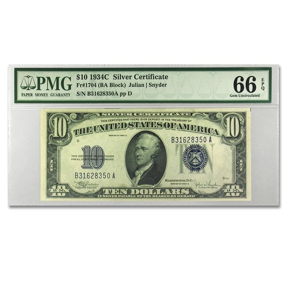1934-C $10 Silver Certificate CU-66 EPQ PMG (Fr#1704) 1934-C $10 Silver Certificate CU-66 EPQ PMG (Fr#1704)