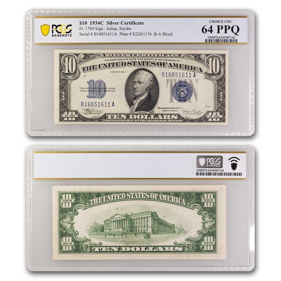 1934-C $10 Silver Certificate Gem New CU-64 PPQ PCGS (Fr#1704)