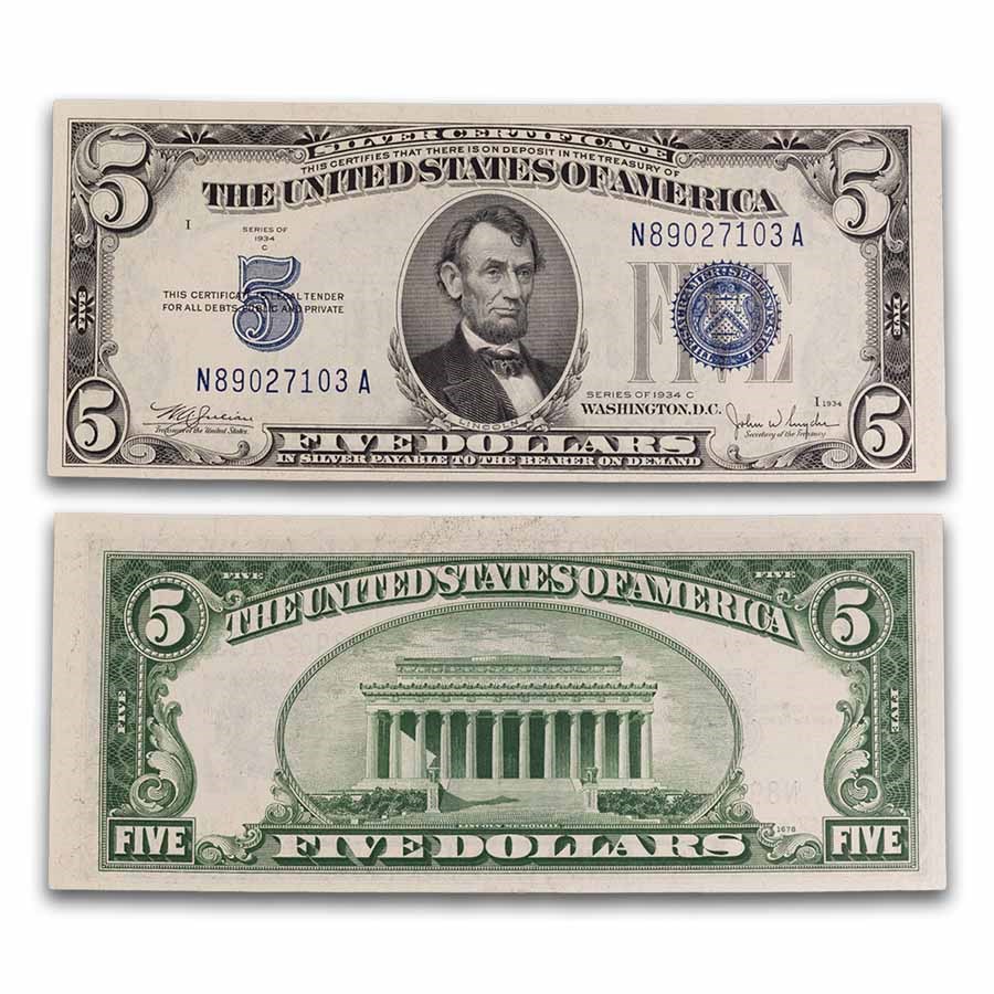 1934-C $5.00 Silver Certificate CU (Fr#1653) Wide Face