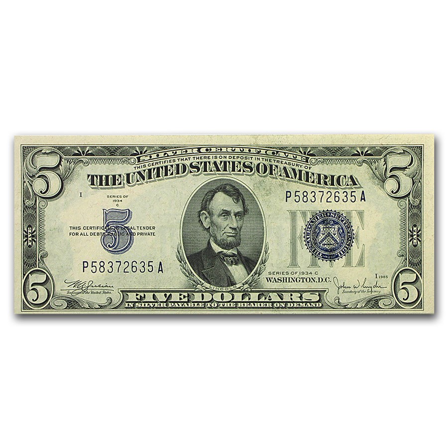 1934-C $5.00 Silver Certificate CU (Fr#1653) Wide Face