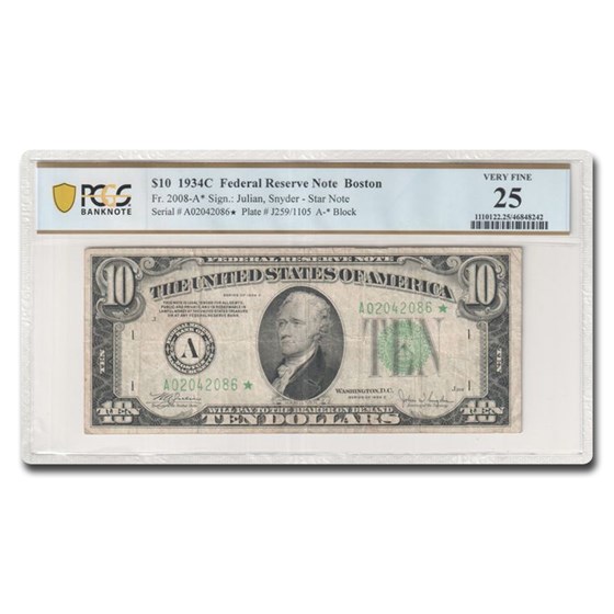 1934-C (A-Boston) $10 FRN VF-25 PCGS (Fr#2008-A*) 1934-C (A-Boston) $10 FRN VF-25 PCGS (Fr#2008-A*)