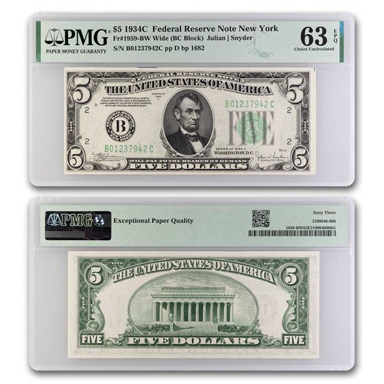 1934-C (B-New York) $5.00 FRN CU-63 EPQ PMG (Fr#1959-Bw) Wide 1934-C (B-New York) $5.00 FRN CU-63 EPQ PMG (Fr#1959-Bw) Wide