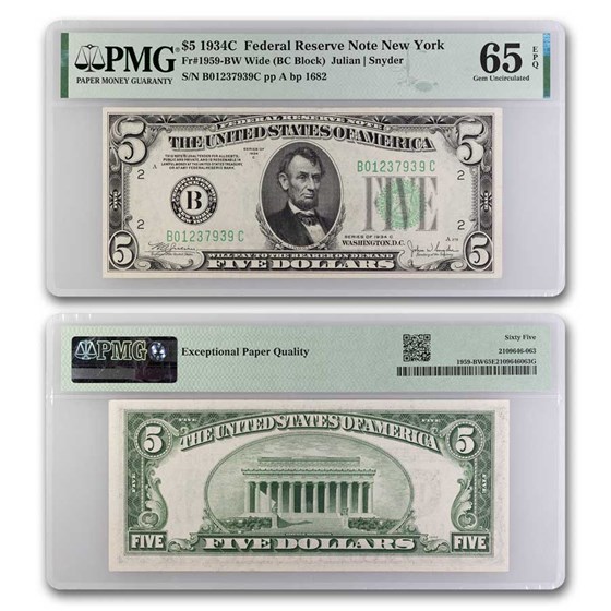 1934-C (B-New York) $5.00 FRN CU-65 EPQ PMG (Fr#1959-Bw) Wide 1934-C (B-New York) $5.00 FRN CU-65 EPQ PMG (Fr#1959-Bw) Wide
