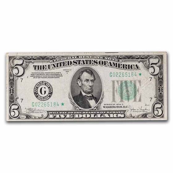 1934-C (G-Chicago) $5.00 FRN VF (Fr#1959-G) Star Note 1934-C (G-Chicago) $5.00 FRN VF (Fr#1959-G) Star Note